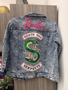 Barbie Acid Wash Denim Jacket with Pink Logo and Green Serpent Patch